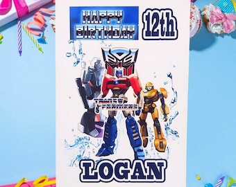 Gepersonaliseerde Transformers-verjaardagskaart: robotthema, aangepaste naam en leeftijd