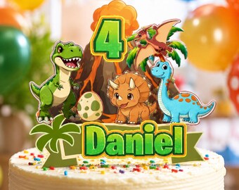 Personalised Dinosaur Cake Topper | Custom Name & Age | T Rex Birthday Decor | Dino Party Decoration