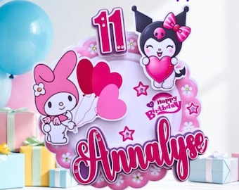Spersonalizowany zestaw na imprezę Kuromi My Melody – ozdoba na tort, ozdoby na babeczki, naklejki, torebki na chipsy, spersonalizowane dekoracje urodzinowe
