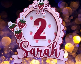 Adorno personalizado para tarta de fresa: decoración de cumpleaños con nombre y edad personalizados.