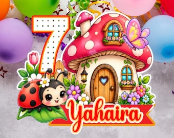 Personalised Mushroom Cake Topper, Woodland Birthday Decor, Ladybird Cupcake Toppers, Card & Crisp Bags