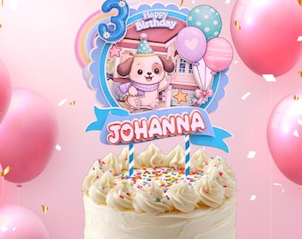 Personalised Birthday Dog Cake Topper for Kids, Puppy & Rainbow, Custom Name and Age