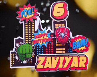 Gepersonaliseerde Spidey and Friends-taarttopper, aangepaste naam, leeftijd, Hulk verjaardagsdecoratie, handgemaakt feestdecor