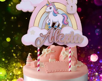 Personalised Unicorn Cake Topper, Rainbow Birthday Cake Decoration Party, 6 Cupcake Toppers, Birthday Card & Crisp Bags