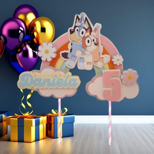 Personalised Blue Dog Birthday Cake Topper – Custom Name and Age – Cartoon Dog Party Decoration