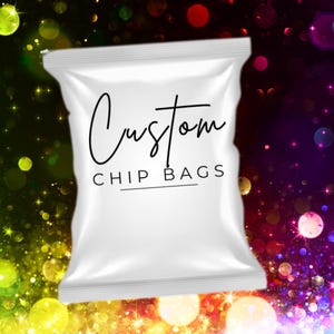 May include: A white packet of crisps with the text "Custom CHIP BAGS" in black script. The background features a colourful bokeh effect with yellow, green, purple, and pink hues.
