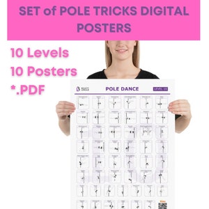 SET met 10 afdrukbare paaldansposters NIVEAU van beginner tot gevorderde paaldanseres *.PDF | 424 paaldanstrucs, bewegingen, elementen en vormen