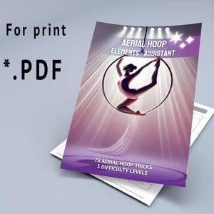 Può includere: Una guida di download digitale viola e bianca per imparare i trucchi dell'anello aereo. La copertina presenta una donna che esegue una mossa su un anello aereo con uno sfondo rosa e riflettori. Il testo sulla copertina recita "Aerial Hoop Elements - Assistant", "76 Aerial Hoop Tricks" e "3 Difficulty Levels".