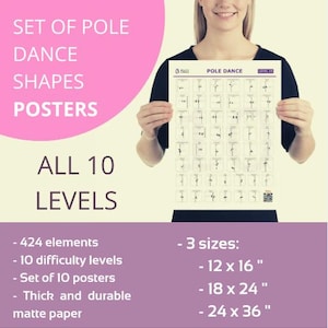 Peut inclure: Ensemble de 10 affiches de formes de pole dance, comprenant 424 éléments répartis sur 10 niveaux de difficulté. Les affiches sont disponibles en trois tailles : 30,5 x 40,6 cm, 45,7 x 61 cm et 61 x 91,4 cm. Imprimées sur du papier mat épais et durable.