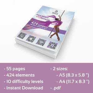 Planificador digital de pole dance *.PDF para imprimir / Catálogo imprimible de trucos de pole dance / 424 movimientos para todos los niveles / Planificador de entrenamiento y rutina