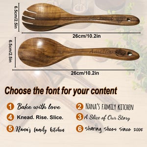 May include: Two wooden serving spoons, one slotted, are displayed. The spoons are 10.2 inches long and 2.5 inches wide. One spoon is engraved with the name "Michael", and the other with "Amelia". The text "Choose the font for your content" is also visible.
