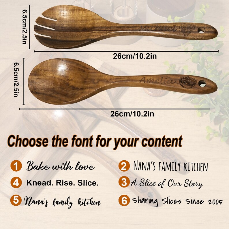 May include: Two wooden serving spoons, one slotted, are displayed. The spoons are 10.2 inches long and 2.5 inches wide. One spoon is engraved with the name "Michael", and the other with "Amelia". The text "Choose the font for your content" is also visible.
