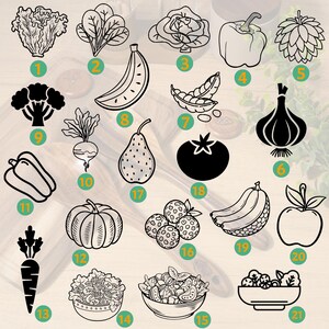 May include: Black and white line art illustrations of various fruits and vegetables, including lettuce, spinach, cabbage, bell pepper, garlic, broccoli, radish, pear, tomato, pumpkin, carrot, strawberries, banana, apple, and salad bowls.