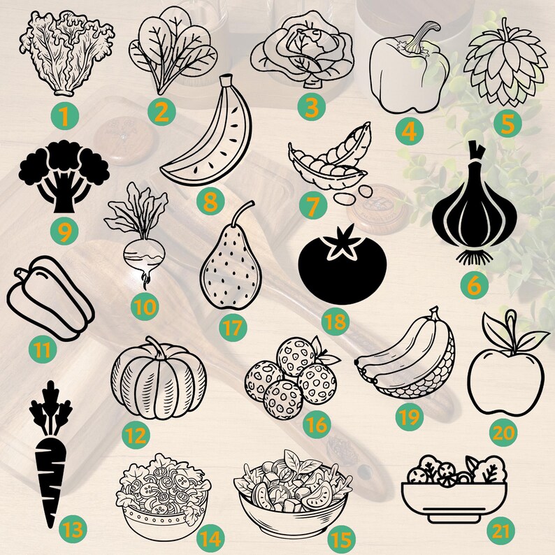 May include: Black and white line art illustrations of various fruits and vegetables, including lettuce, spinach, cabbage, bell pepper, garlic, broccoli, radish, pear, tomato, pumpkin, carrot, strawberries, banana, apple, and salad bowls.