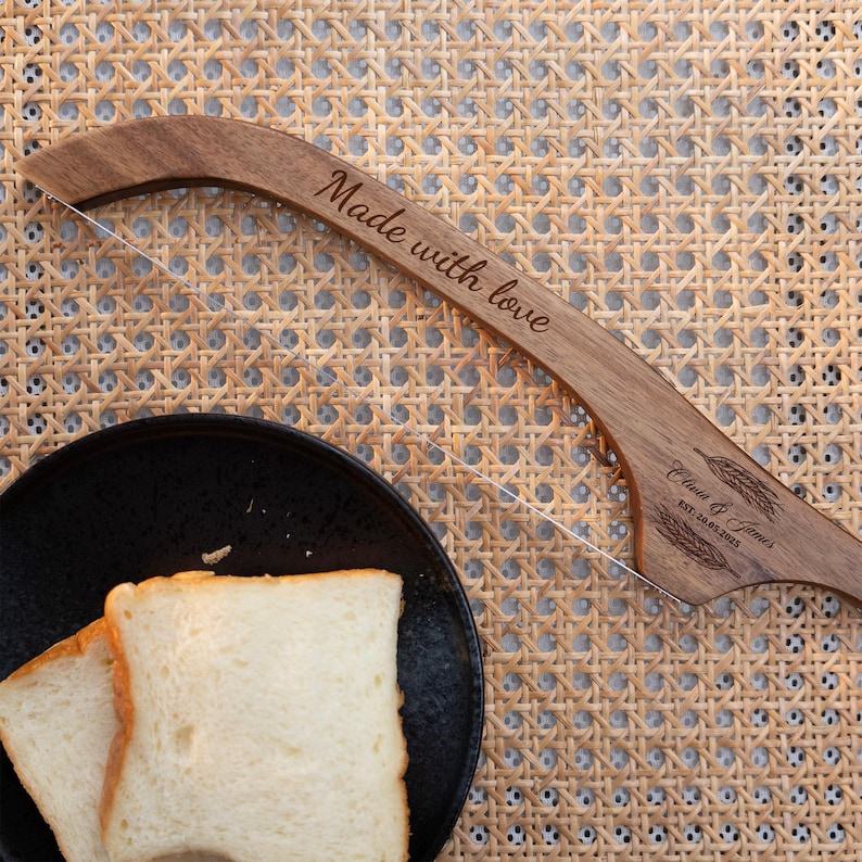 Custom Wood Bread Knife, Fiddle Bow Knife, Serrated Bread Knife, Bread Slashing Tool，House Warming Gift，Gift For The Bride & Couples image 3