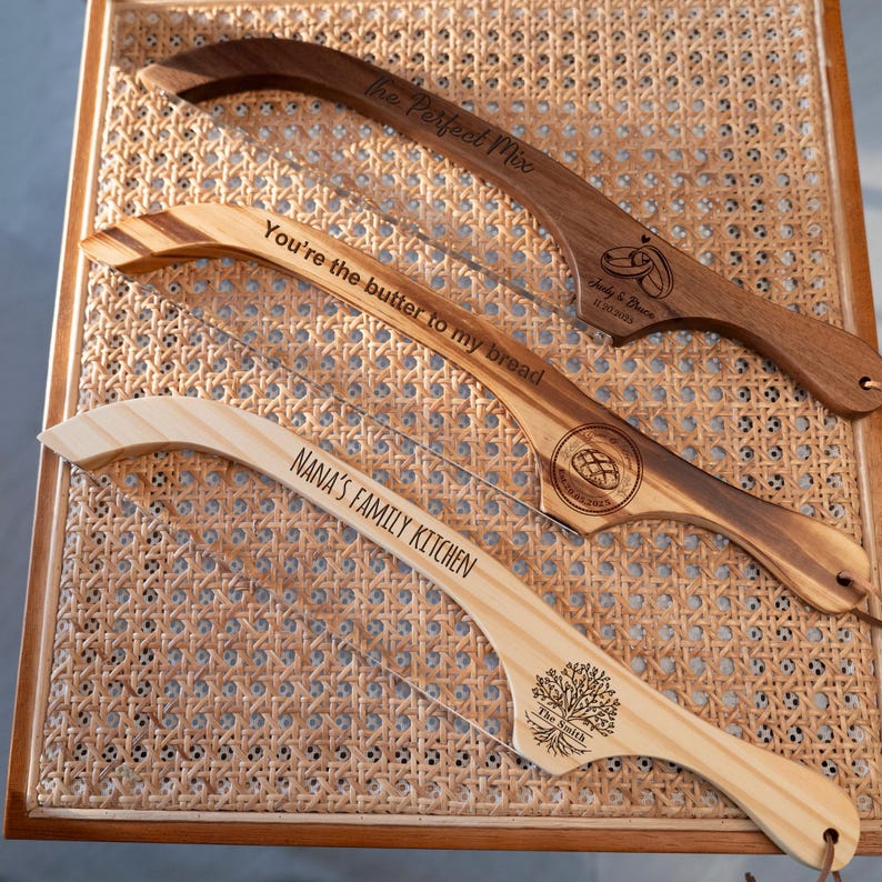 Custom Wood Bread Knife, Fiddle Bow Knife, Serrated Bread Knife, Bread Slashing Tool，House Warming Gift，Gift For The Bride & Couples image 1