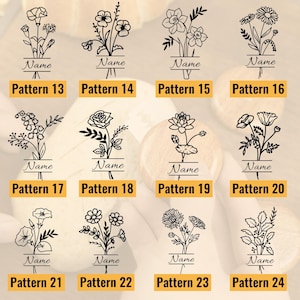Peut inclure: Une collection de motifs floraux, chacun pr&eacute;sentant un type de fleur diff&eacute;rent avec le mot "Name" en dessous. Chaque motif est &eacute;tiquet&eacute; avec un num&eacute;ro de motif de 13 &agrave; 24 dans un encadr&eacute; jaune. Les motifs sont en noir.