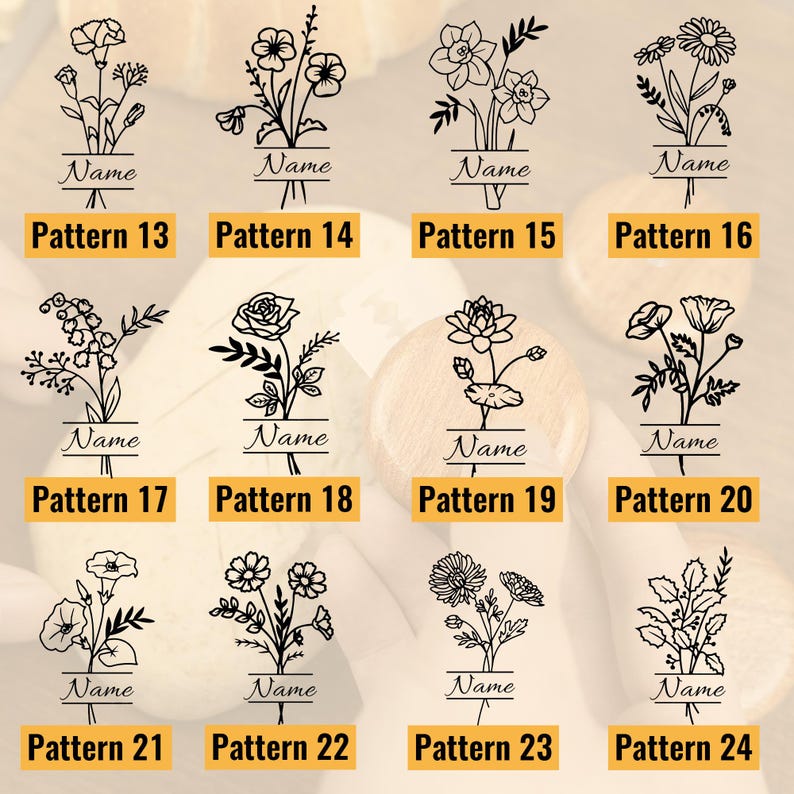 Peut inclure: Une collection de motifs floraux, chacun pr&eacute;sentant un type de fleur diff&eacute;rent avec le mot "Name" en dessous. Chaque motif est &eacute;tiquet&eacute; avec un num&eacute;ro de motif de 13 &agrave; 24 dans un encadr&eacute; jaune. Les motifs sont en noir.
