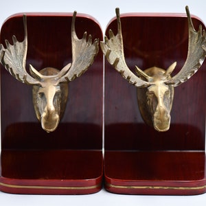 Vintage Moose Head Brass Bookends Mounted on Cherry Type Wood
