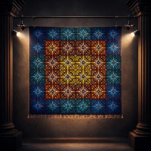 Puede incluir: Un textil cuadrado de colores vibrantes con un patrón geométrico repetitivo en tonos de azul, naranja y amarillo. El textil tiene flecos en la parte inferior y cuelga de una barra de metal, iluminado por focos. El diseño es simétrico e intrincado.