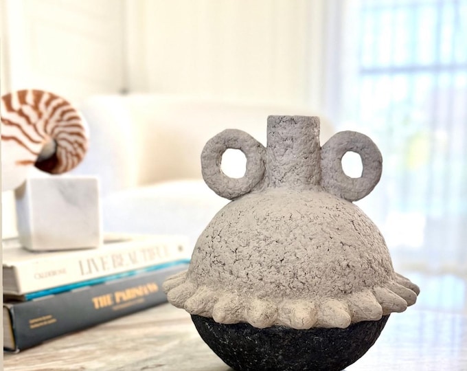 Handmade Textured Paper Mache Vase – Sculptural Art Object with Dual Handles and Organic Form