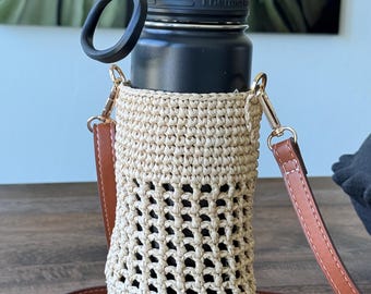 Handmade Crochet Water Bottle Holder with Strap