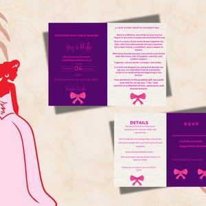 ラブストーリー: ロマンチックな折り畳み式結婚式招待状 | 21 cm x 14.8 cm ポートレート EU カード | 編集可能な Canva テンプレート。カスタマイズ可能な結婚式カード