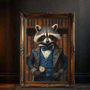 Victorian Raccoon Wall Art, Steampunk Animal Portrait, Unique Raccoon in Suit Print, Whimsical Raccoon Decor, Eccentric Wall Decoration