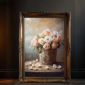 Vintage Oil Painting, Basket of Roses Wall Art, Floral Home Decor, Shabby Chic Flower Artwork, Romantic Blossoms Print