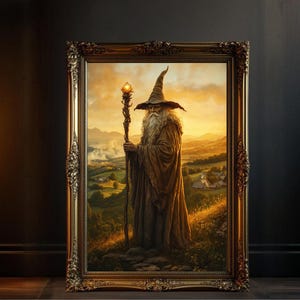 杖を持った魔法使いの壁アート、魅惑の森の風景プリント、神秘的なファンタジーアートワーク、魔法使いの装飾、中世の壁掛け