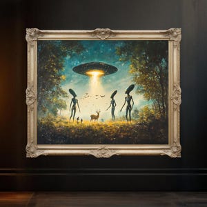 Alien Encounter Wall Art Print, UFO Fantasy Forest Scene Art, Extraterrestrial Cosmic Poster, Surreal Alien Nature Landscape Decor