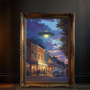 Retro UFO over Vintage Town, Sci-Fi Wall Art Print, Alien Invasion Scene, Mid-Century Modern Decor, Nostalgic Space Artwork, Outer Space
