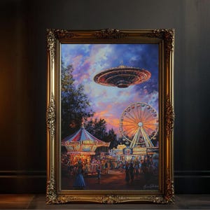 Carnival Fairground Art Print, Ferris Wheel Carousel Artwork, Vibrant Amusement Park Painting, Whimsical Wall Decor, Fantasy Theme