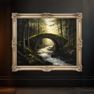 Waldstein Brücke über den Fluss, Malerische Natur Wandkunst, Ruhige Waldbach, Rustikale Landschaftsmalerei, Rustikale Wald Dekor