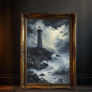 Lighthouse Ocean Storm Wall Art, Nautical Coastal Decor, Lighthouse Canvas Print, Sea Waves Artwork, Moody Lighthouse Painting