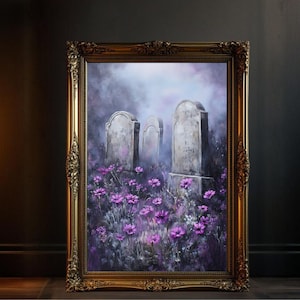 Gothic Cemetery Grave Tombstones with Purple Flowers Wall Art Print, Spooky Cemetery Scene Artwork, Atmospheric Graveyard Painting