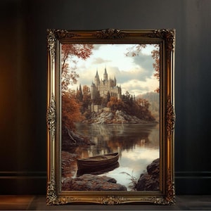 Fairy Tale Castle Autumn Wall Art, Enchanted Forest River View Print, Fantasy Landscape Artwork for Living Room, Rustic Nature Decor