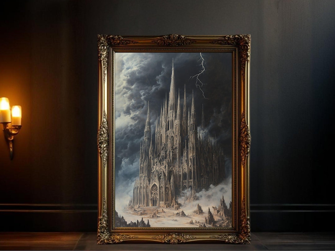 Gothic Cathedral Fantasy Art, Dramatic Castle Wall Decor, Stormy Sky ...