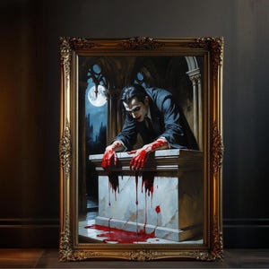Arte de parede de vampiro gótico, decoração de lua de sangue de terror, cena de castelo assustador, arte temática de Halloween, impressão de fantasia sombria