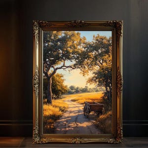 素朴な田舎の壁アート、ヴィンテージの農場カートの絵画、穏やかな風景のプリント、暖かい午後の日光、自然のアートワークの装飾