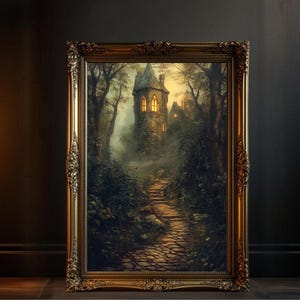 Enchanted Forest Castle Wall Art Print, Mystical Fantasy Landscape Poster, Magical Fairy Tale Decor, Gothic Architecture Artwork
