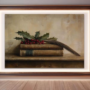 Vintage Holly and Books Wall Art | Rustic Christmas Printable Decor | Festive Still Life with Red Berries, Feather, and Antique Books