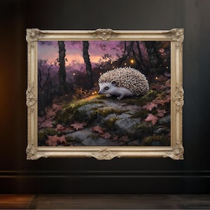 Encantadora escena de bosque de erizos, arte de pared, impresión de pintura de erizo lindo, decoración de bosque inspirada en la naturaleza, arte animal caprichoso
