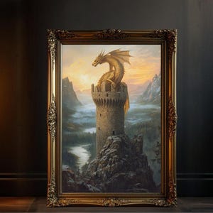 Dragon Castle Fantasy Art Print, Mythical Dragon Wall Decor, Fantasy Castle Painting, Epic Dragon Tower Artwork Wall Art