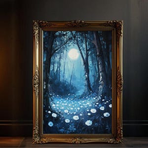 Enchanted Night Forest Wall Art, Magical Moonlit Woodland Scene, Mystical Nature Painting, Serene Flower Field Artwork, Dreamy Night Decor