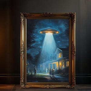 UFO alien abduction art, retro sci fi wall decor, extraterrestrial beam painting, nostalgic space scene, vintage UFO poster