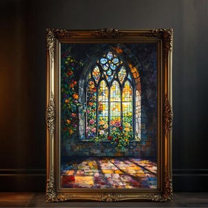 Gothic Cathedral Stained Glass Window Wall Art, Colorful Floral Window Print, Medieval Church Decor, Religious Home Decor