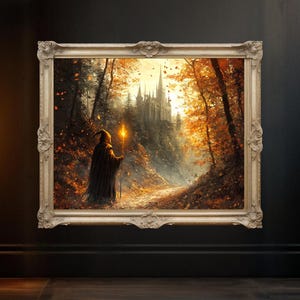 魅惑の森の壁アート、魔法の城のプリント、魔法使いのアートワーク、ファンタジー風景ポスター、神秘的なアートの室内装飾、森の魔法使い
