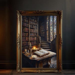 Vintage Library Wall Art, Fantasy Book Room Print, Gothic Study Decor, Candlelit Magic Illustration, Wall Art for Book Lovers