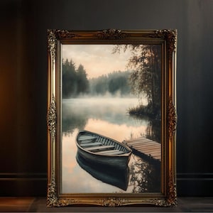 Peaceful Lake Boating Scene Wall Art, Nature Inspired Artwork, Tranquil Lake Landscape Print, Serene Rowboat Wall Decor